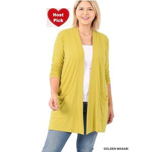 Plus Size Cardigan with Large Slouchy Pockets Color: Golden Wasabi